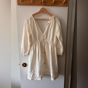 Zara Cream linen-blend V-Neck Mini Dress with Drawstring Waist